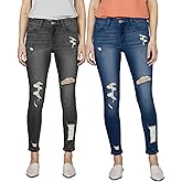 Women's Mid Waisted Jeans Trendy Distressed Stretch Ripped Butt Lift Denim Pants (Pack of 2)