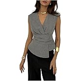 SweatyRocks Women's Pleated Sleeveless Work Blouse Elegant V Neck Asymmetrical Tank Top