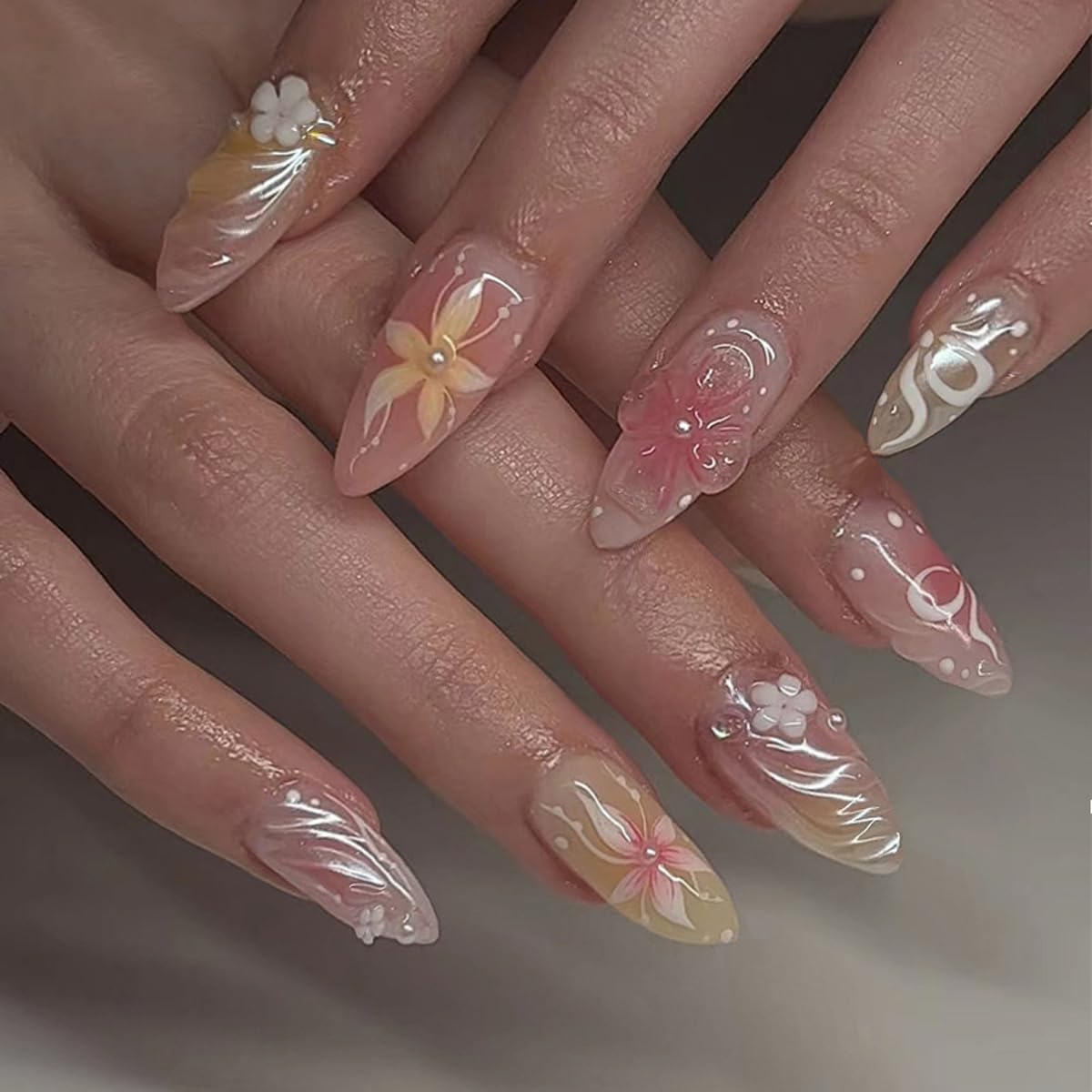 Flower Press on Nails Medium Almond Fake Nails Spring Summer Nails Press ons with Floral Designs Cute False Nails Pink Acrylic Nails Full Cover Glossy Stick on Nails for Women Manicure 24Pcs