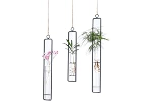 AODERUN Hanging Glass Planter Water Iron Art Hydroponic Vase Transparent Test Tube Flower Hanging Bottle Home Decoration (3pcs-S,M,L)