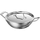 Tramontina Utsava 1.8-Quart Tri-Ply Clad Stainless Steel Kadai with Lid | Small Kadhai Pot for Indian Cooking