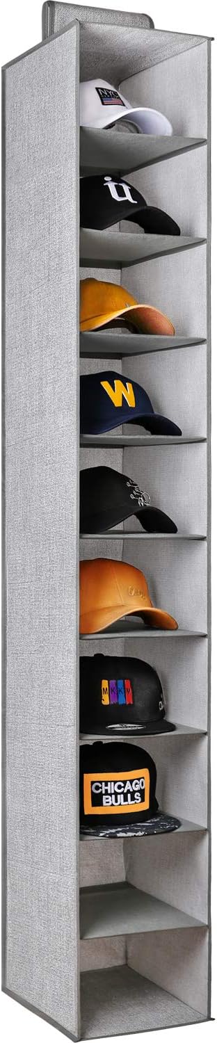 Criusia Hanging Hat Organizer 10 Shelves, Closet Hanging Organizer for Hat Storage, Foldable Hat Rack 59" H x 12" D x 9" W