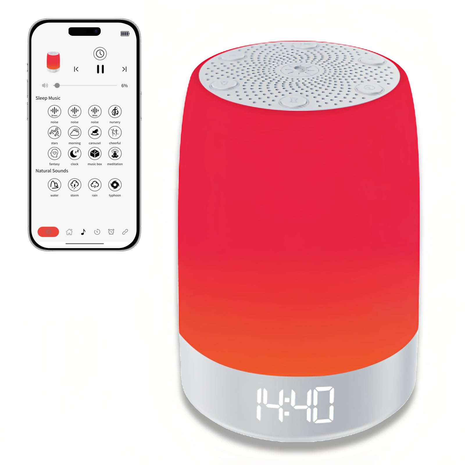 Photo 1 of Red Light Sleep Sound Machine – Night Light for Bedroom with 5-Level Red Light Therapy (620–690nm), 32 White Noise & Nature Sounds, Smart App Control, Timer & Wake-Up Alarm Clock