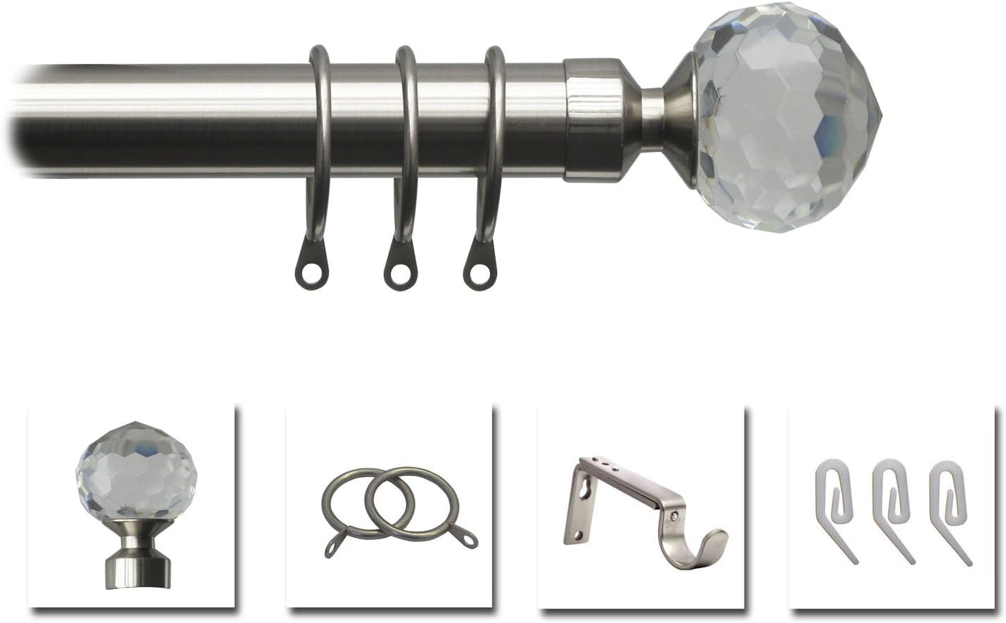 SPEEDYPristine 25 - 28mm Crystal Extendable Metal Curtain Pole Set, Satin Silver, 120 - 210 Cm