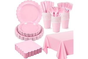 OIGCO 176 PCS Pink Party Decorations - Light Pink Scalloped Plates, Napkins, Cups, Cutlery, Tablecloth for Baby Shower, Wedding, Birthday Party Decorations, Serves 25