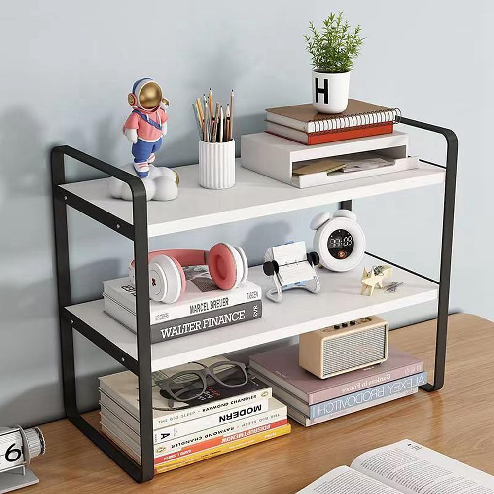 Wooden Bookcase, Office Bookcase, Book Organiser, File Organiser, Desktop Organiser, Office Organiser, Desk Storage Shelf, Desktop Bookshelf (White + Black, 2 Tiers)