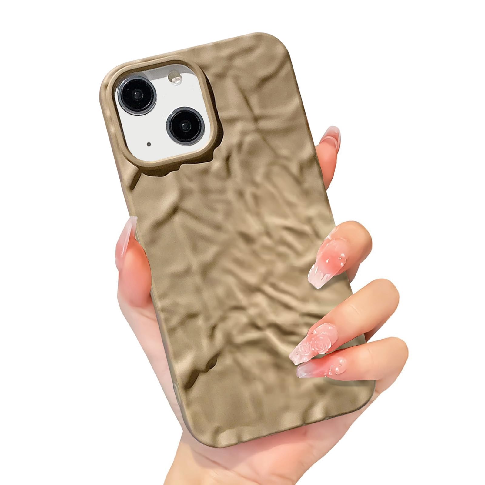 ekoneda Compatible for iPhone 13 Case Cute Luxury Designer Tin Foil Pleated Phone Cover for Women Khaki Matte Silicone Protective Slim Fit Soft Case 6.1Inch