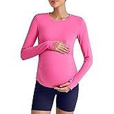 G4Free BareFeel Maternity Long Sleeve T Shirts Crewneck Ruches Pregnancy Workout Tops with Thumbholes Altheltic Yoga Tee