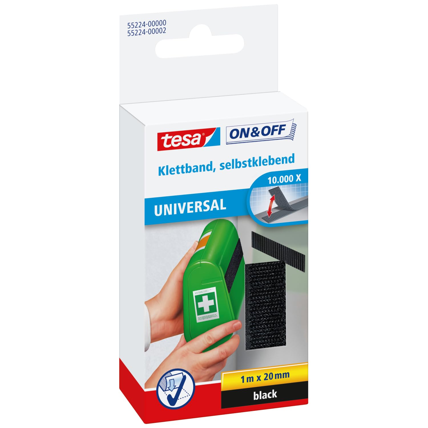 tesa On & Off General Purpose Stick on Tape - Self-Adhesive Hook & Loop Tape for Quick Fastening of Light Objects - Black, 2 cm x 100 cm