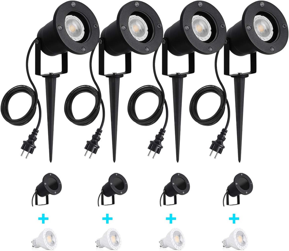 SanGlory 4 Stück Gartenleuchte mit Erdspieß,7W GU10 LED Gartenstrahler mit Stecker,IP65 Wasserdicht Gartenbeleuchtung mit 2m Kabel,Warmweiß Außen-Strahler Gartenlampe Außenlampe für Baum,Teich,Garten