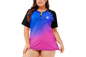 AOBUTE Women Plus Size Rash Guard Zipper Short Sleeve SPF Swim Shirts