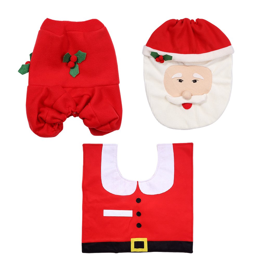 Zogin Weihnachten Toilettensitzbezug Weihnachtsdeko WC-Sitze Set mit Sitzbezug & Teppich & Gewebe Deckel für Badezimmer im Weihnachtsmann-Design