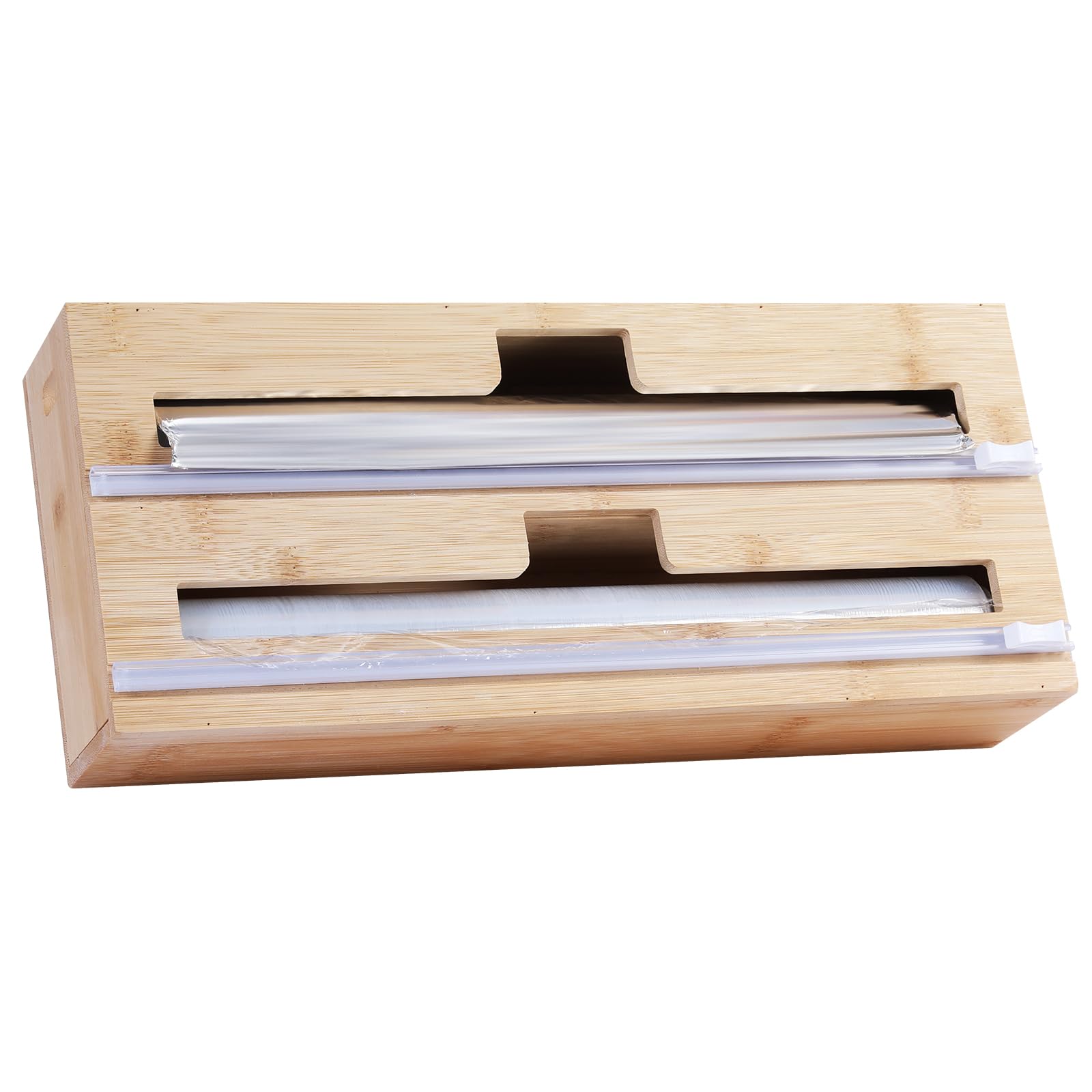 Photo 1 of 2 in 1 Plastic Wrap Dispenser with Cutter?Bamboo Foil and Plastic Wrap Organizer,Aluminum Foil and Wax Dispenser for Kitchen Drawer Storage Organization