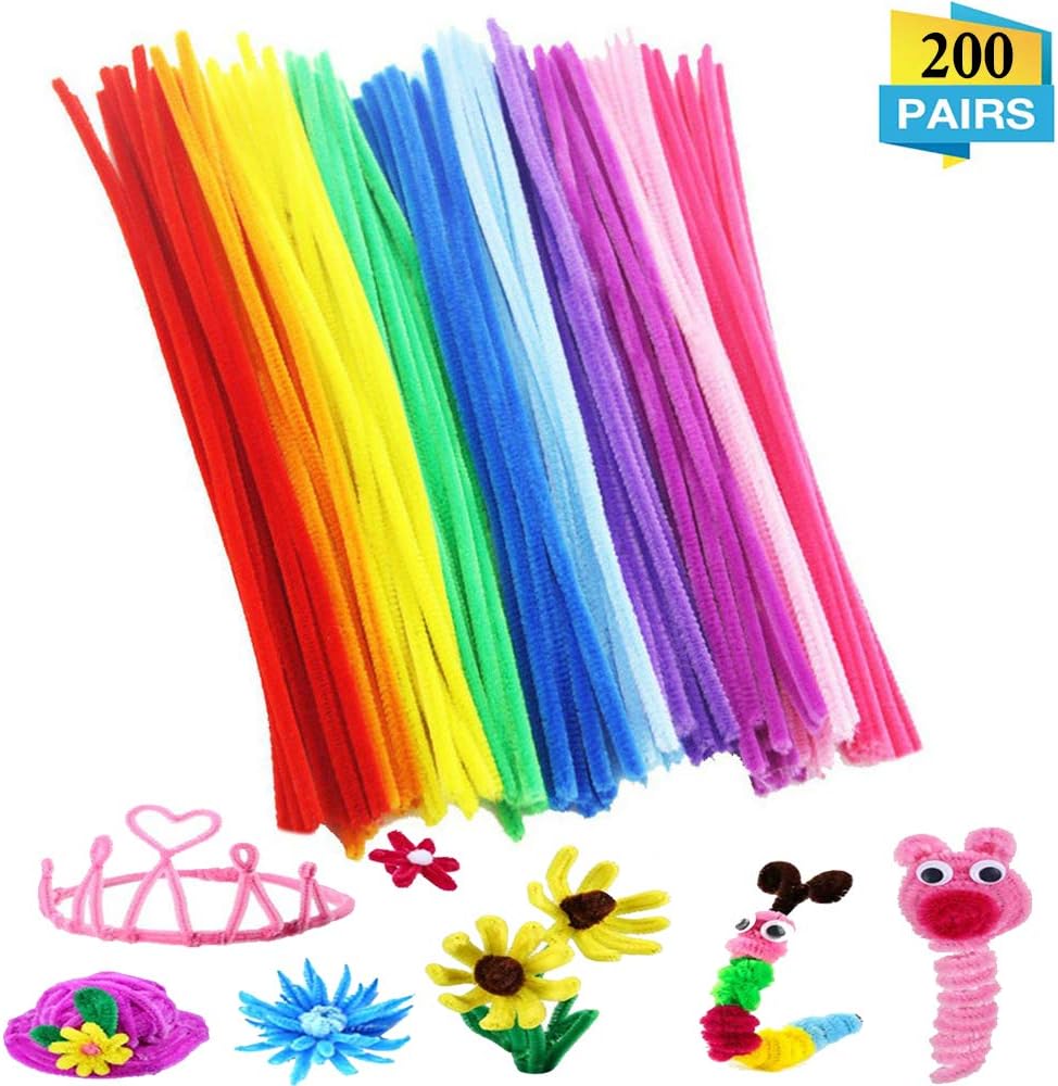 200Pcs Pipe Cleaners DIY Art Craft Decorations Chenille Stems Furry Wire Twist Tie in Assorted Colours Creative School Projects for Kids
