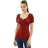 AmélieBoutik Women Ruffle Trim Tie Notch Neck Raglan Puff Short Sleeve Blouse Top