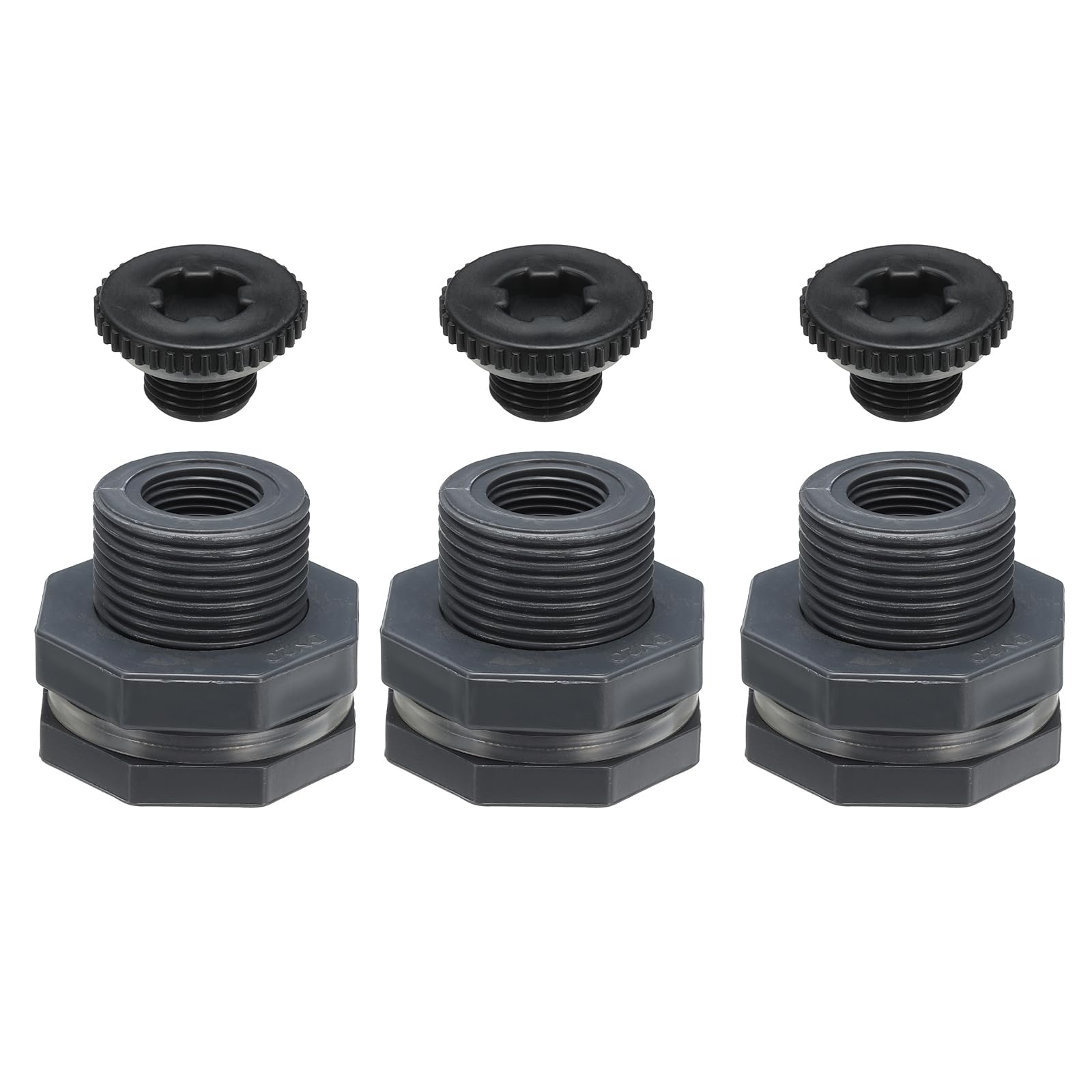 PATIKIL PVC Bulkhead Fitting with Plug G 1/2, 3pcs Double Threaded Bulkhead Water Tank Connector with PVC Seal Gasket for Rain Bucket, Sinks, Aquariums, Grey