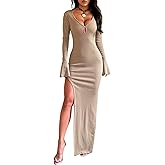 MEALIYA Womens Bell Sleeve Maxi Dress Deep V Neck Side Slit Hollow Out Bodycon Cocktail Party Long Dresses