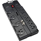 Tripp Lite TLP1208TELTV 12 Outlet Surge Protector Power Strip, 8ft Cord, Right-Angle Plug, Tel/Modem/Coax Protection, RJ11, &