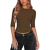 Pungdra Womens 3/4 Sleeve Boat Neck Tops for Women Ribbed Knit Slim Fit Plain T Shirts Cropped Basics Essentials Clothing