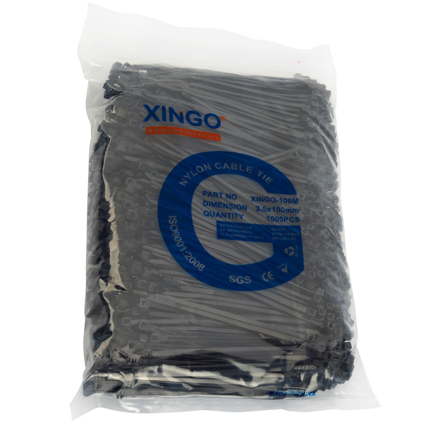 XINGO 1000 PCS Black Cable Ties, 100mm x 2.5mm, 18lb Strength, Small Tie Wraps Self-Locking Nylon Zip Ties for Indoor and Outdoor Use — image 1