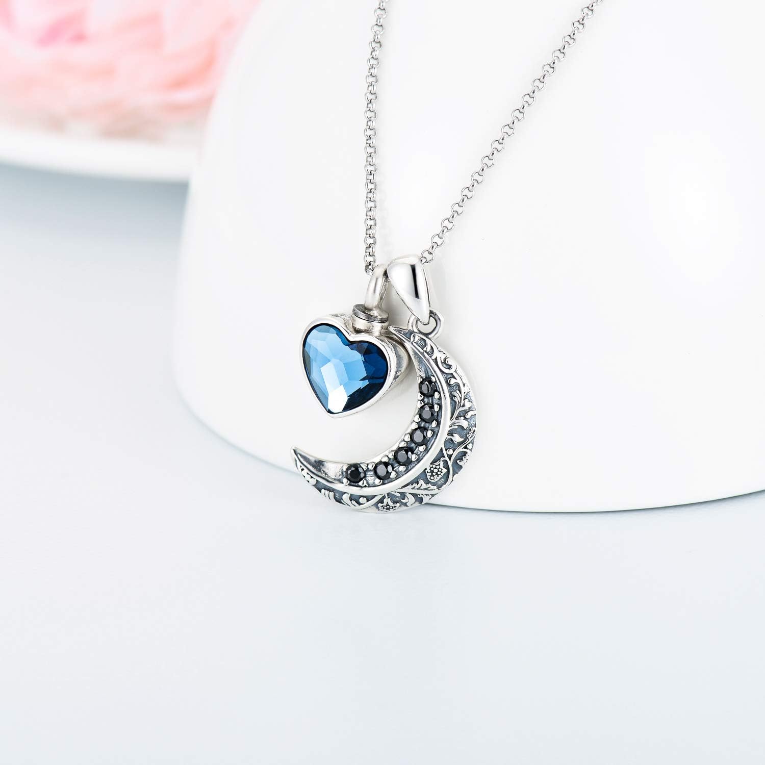 Love Heart Urn Necklace for Ashes Sterling Silver Crescent Moon Pendant Cremation Memorial Keepsake Pendant with Blue Heart Crystal: Clothing