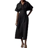 Burtell Women Casual Striped Button Down Pleated Shirt Maxi Dress Summer Lapel V Neck Short Sleeve Empire Waist Long Dress