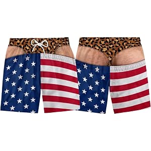 Custom Patriotic Men Swim Trunks, Funny 3D Hairy Legs Fake Briefs Mens Swim Shorts, 4th of July Funny Gifts for Men
