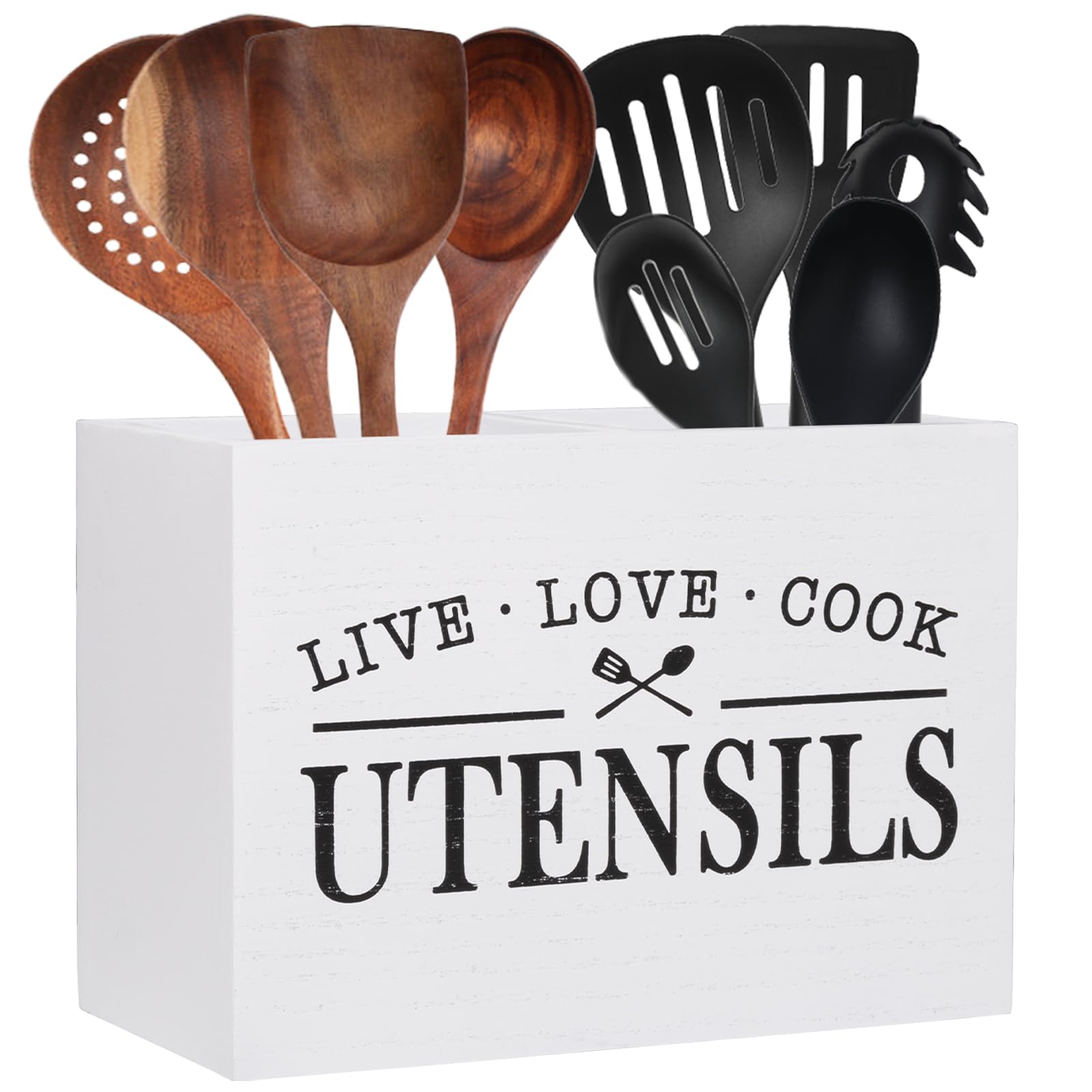 Karisky Kitchen Utensil Holder with Removable Bottom Large 2 Compartments Utensil Organizer Farmhouse Utensil Caddy for Countertop Decor, 24 x 12 x 17 cm, White — image 1