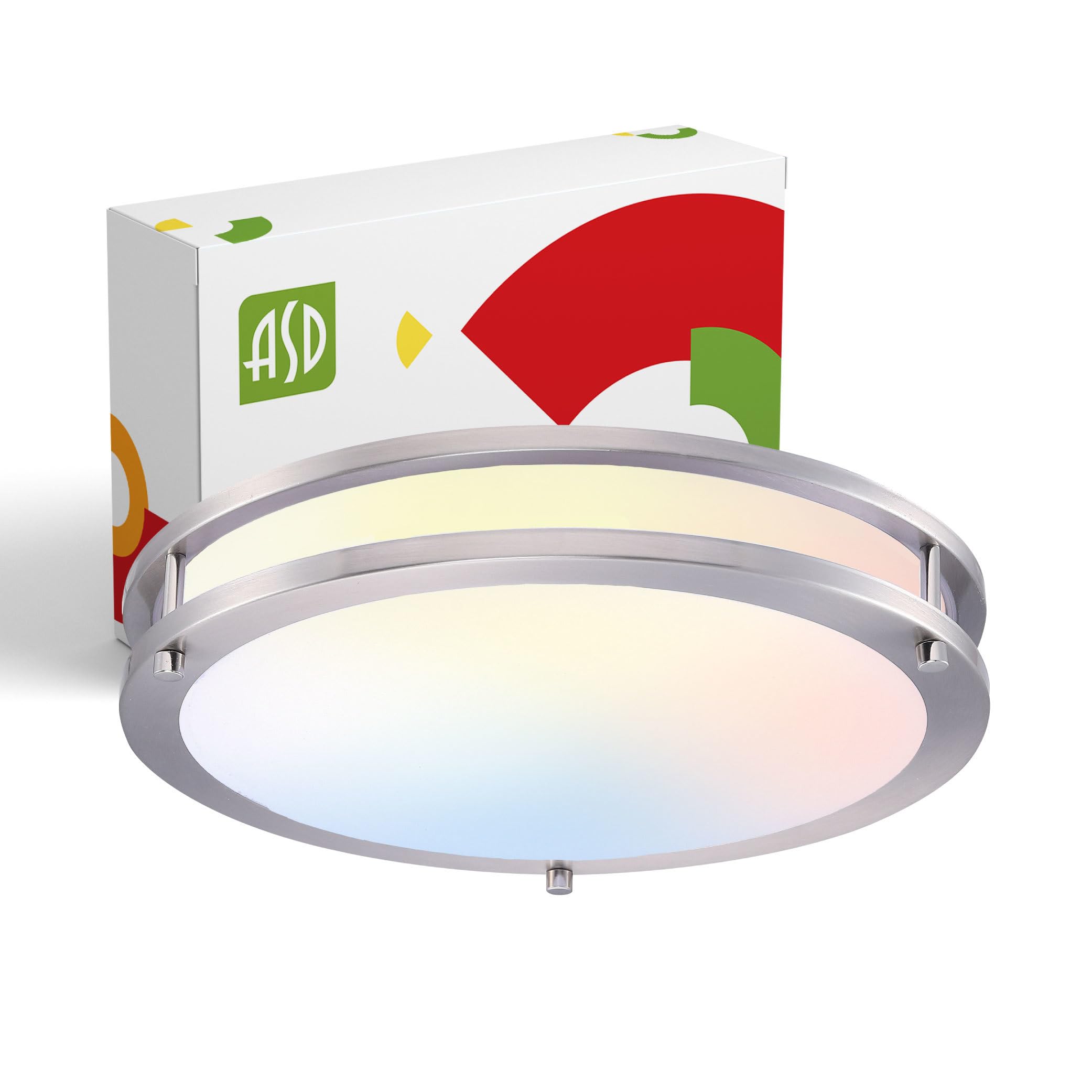 ASD LED 14" Round Flush Mount Lighting, Close to Ceiling Light Fixture | 3CCT, Dimmable, Energy Star, ETL Listed | 21W 1700LM 3000-5000K 120V | Low Profile Double Ring Lamp | Nickel Image