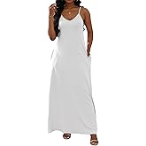 Mistysuyi Women's Maxi Dresses V-Neck Adjustable Spaghetti Strap Sleeveless Dress Plus Size with Pockets