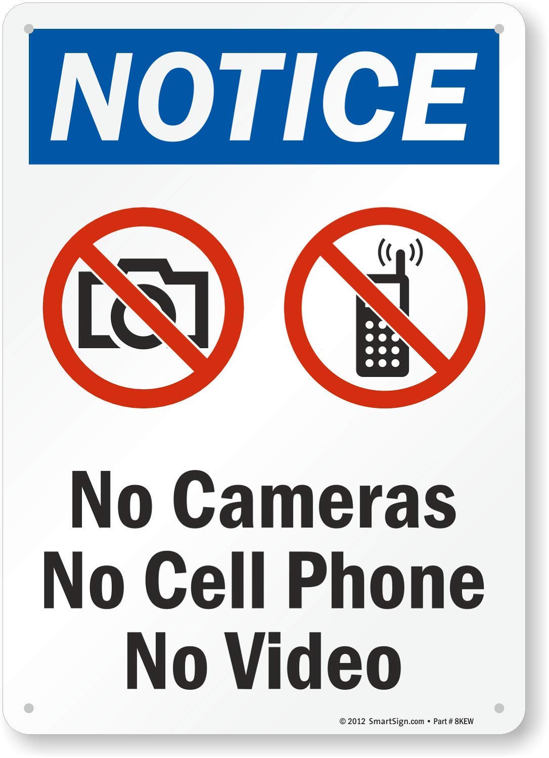 SmartSign Plastic Sign, Legend "Notice: No Cameras No Cell Phone No Video" with Graphic, 14" high x 10" wide, Black/Blue/Red on White