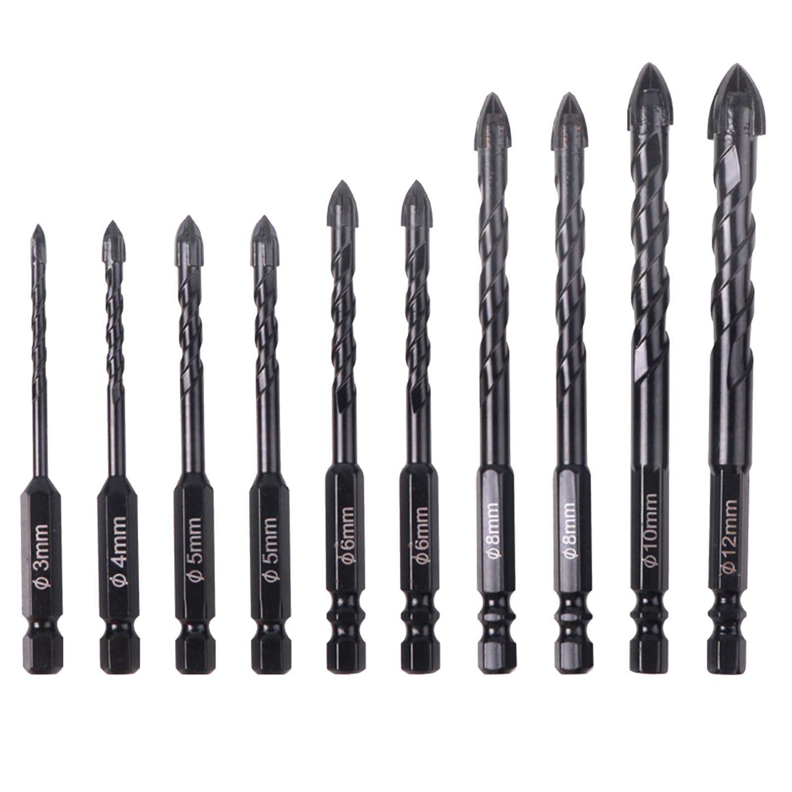 Drill Bit Sets, 10 Pcs Carbide Masonry Concrete Drill Bits, Screw Tapping Threading Tools for Tile Glass Ceramic Brick Wood, 3mm to 12mm Drilling Bits（Black)