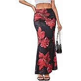 Milumia Women's Floral Long Skirt Tropical Ruched Fishtail Summer Vacation Hawaiian Maxi Skirts