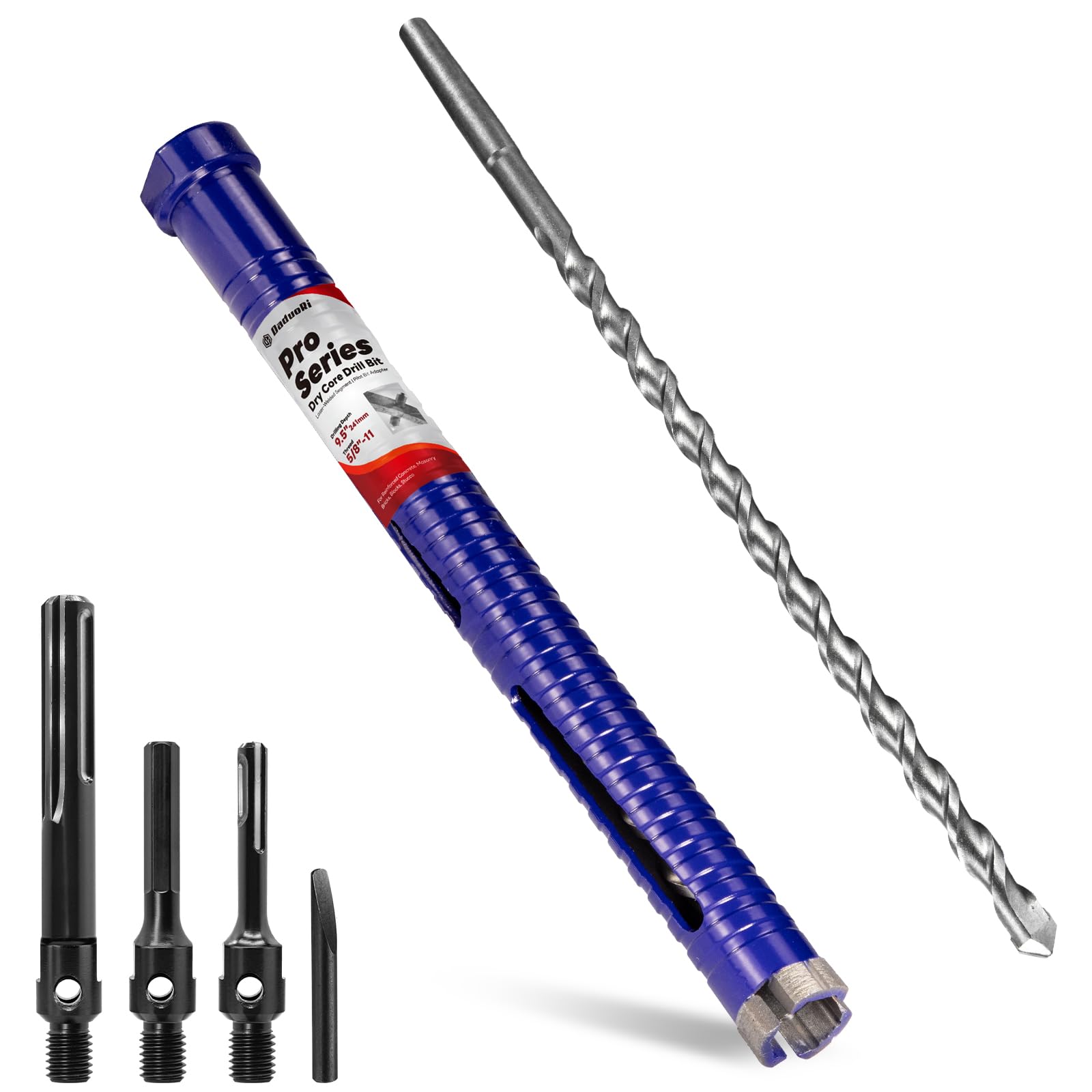 Photo 1 of DaduoRi 1" Pro Dry Core Drill Bit with Pilot Bit & 3 Adapters (SDS Plus/SDS Max/1/2 Hex), Upgraded-Welded Blade Core Bits for Concrete with Rebar, Masonry, Brick, Mortar - 9.5" Depth, 5/8"-11 Thread