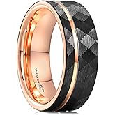 King Will Hammer 8MM Men's Tungsten Ring Black/Silver/Gold/Rose Gold Faceted Finish Tungsten Carbide Wedding Band Stripe Two Tone Rose Gold/Silver Plating Groove