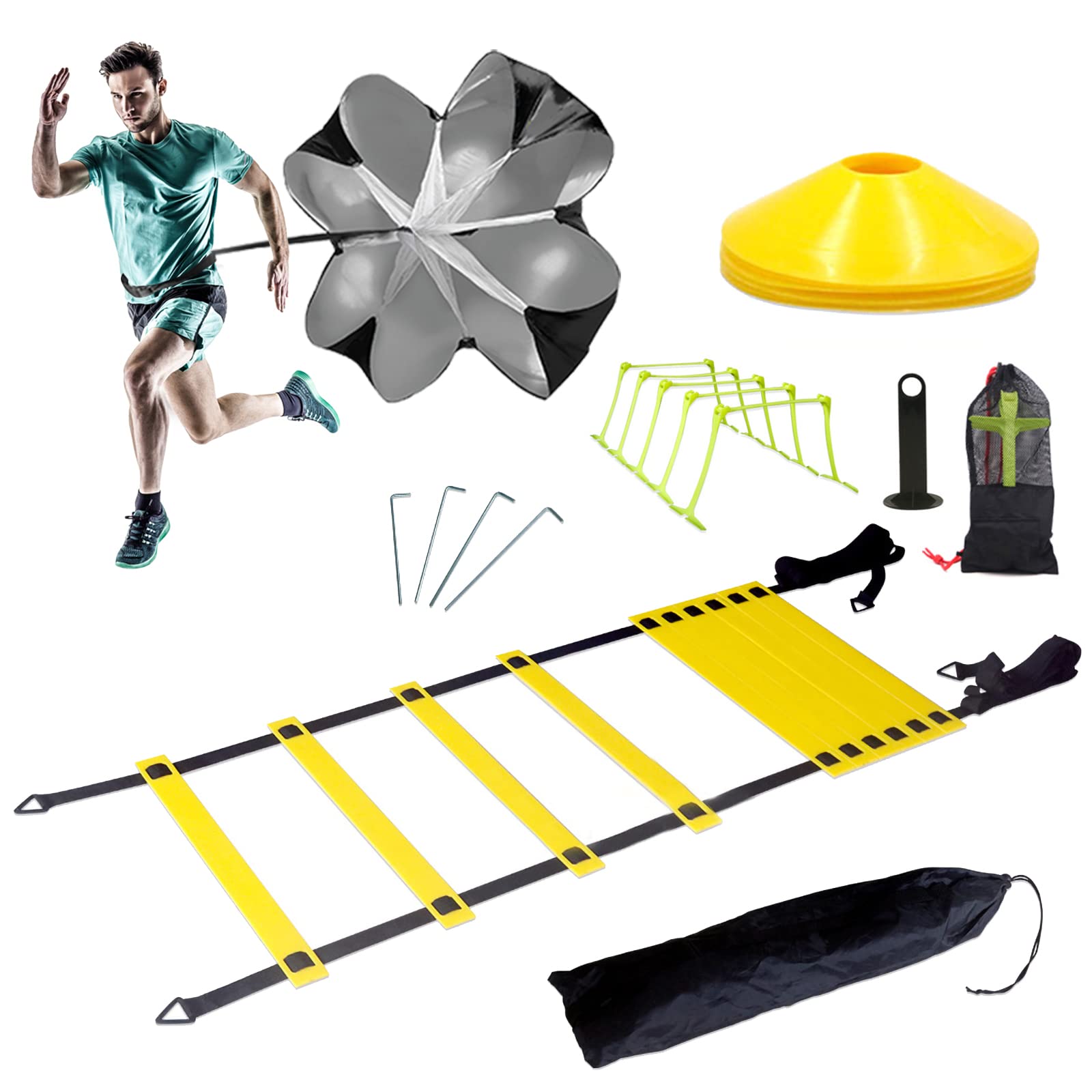 InLoveArts Indoor Sports Fitness Training Set,Speed Ladder Training Set,Personal Training Exercise and Strength - Includes agile ladder,parachute,24xDisc Cones,5xadjustable railings,4xNail,cone frame