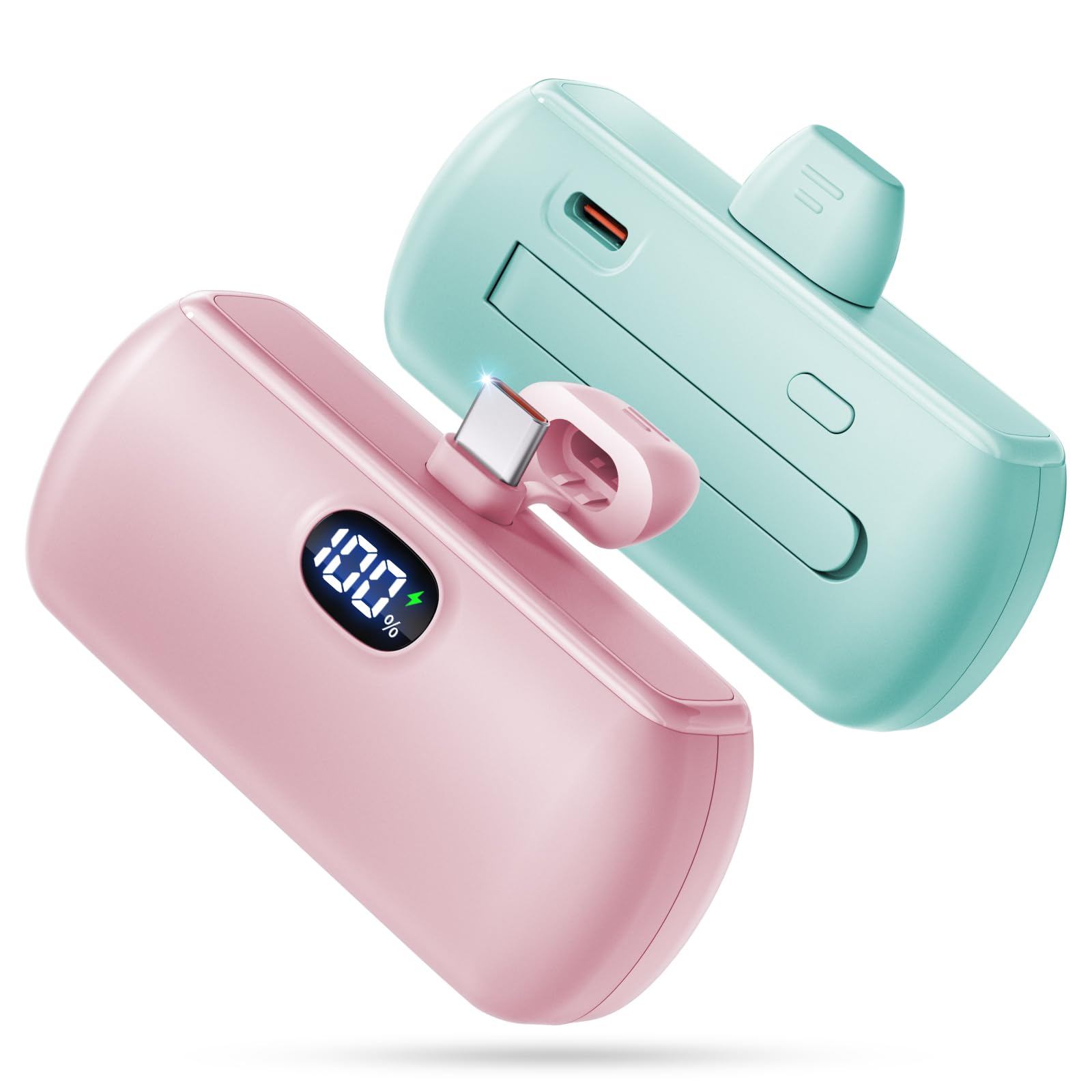 golioklsy [2 Pack Mini Portable Charger USB C, 5000mAh Cell Phone Portable Power Bank, 22.5W Max Fast Charging Battery Pack for iPhone17/16/15/Android etc, Travel Essential, LCD Display, Pink&Green