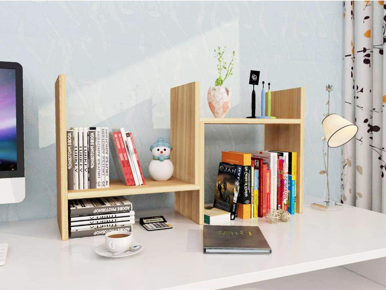 Garwarm Desktop Organizer,Office Storage Rack Adjustable Wood Display Shelf,Counter Top Bookcase,Walnut: Furniture & Decor