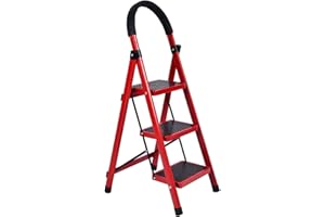 QIOJIRMU 3 Step Ladder, 3 Step Ladder Folding Step Stool with Hand Grip Anti-Slip，Portable & Collapsible Steel Stepladder and Wide Pedal for Home and Courtyard, Red.