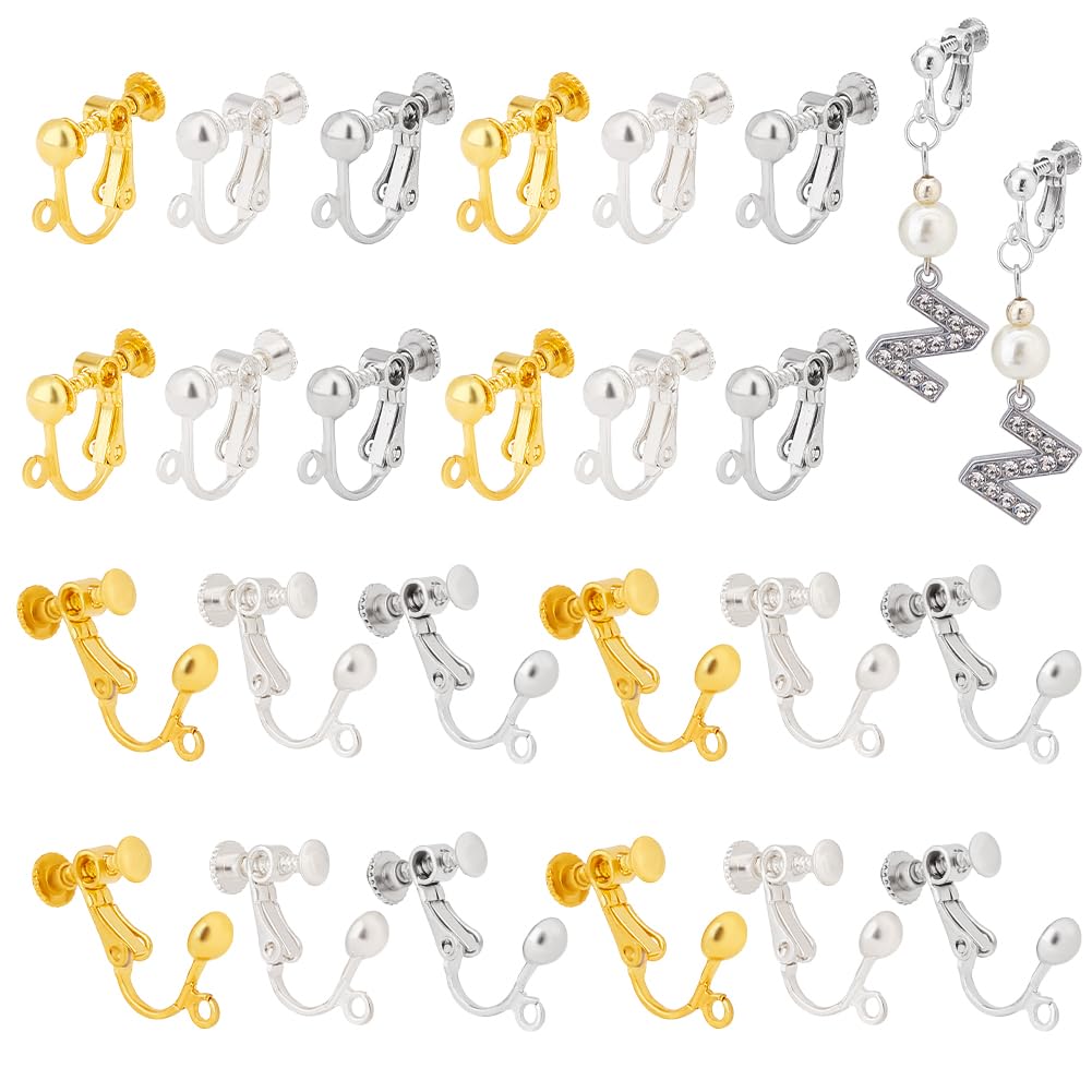 PH PandaHall 36pcs Clip-on Earring, 3 Colors Brass Non-Pierced Earring Findings Clips on Earrings Converter Adjustable Screw Clip-on Earrings Clips Hook for DIY Jewellery Making, 17x13.5x5mm