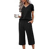 Ekouaer Women's Pajama Sets Short Sleeve Sleepwear Button Up Pj Loungewear Top and Capri Pants with Pockets