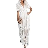 amropi Womens Deep V Neck Short Sleeve Floral Lace Dress Long Bridesmaid Maxi Dresses