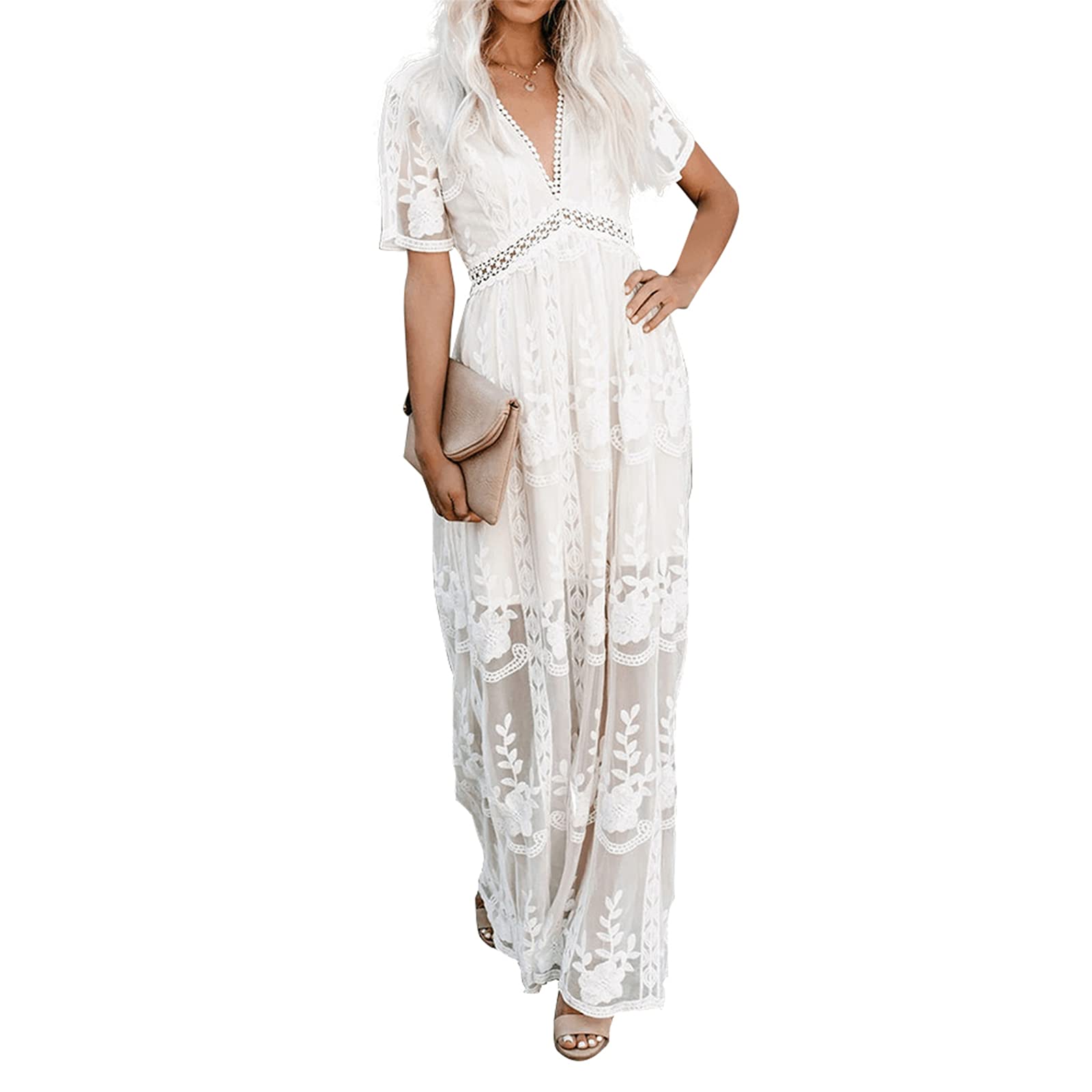 Photo 1 of amropi Womens Deep V Neck Short Sleeve Floral Lace Dress Long Bridesmaid Maxi Dresses White,S