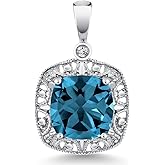 Gem Stone King 2.74 Cttw Cushion London Blue Topaz and Diamond Accent 10K White Gold Pendant Necklace for Women