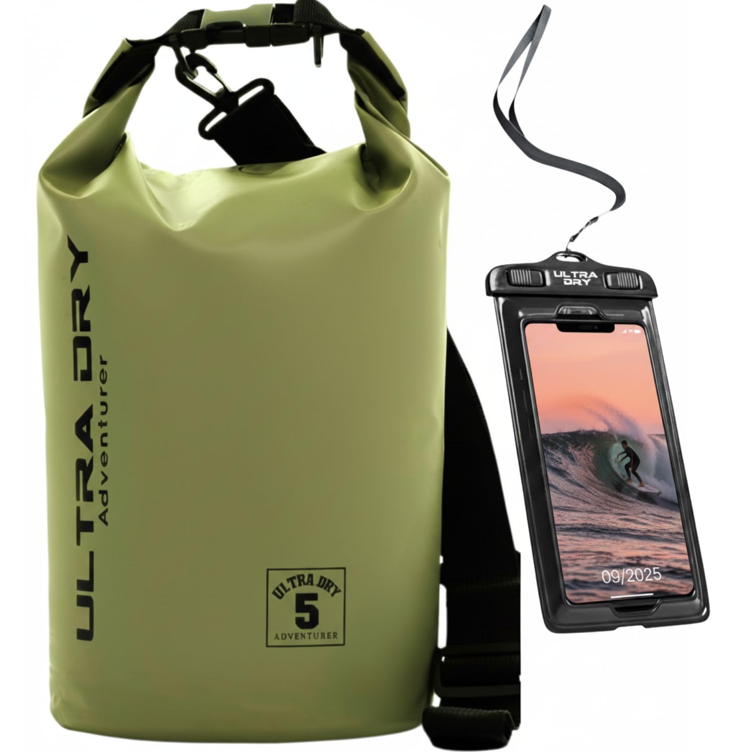 Premium Waterproof Bag, Sack with Phone Dry Bag and Long Adjustable Shoulder Strap Included, Perfect for Kayaking/Boating/Canoeing/Fishing/Rafting/Swimming/Camping/Snowboarding (Green, 5 L)