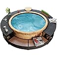 loibinfen Round Spa Surround Poly Rattan, Outdoor Massage Hot Tub Frame with Solid Acacia Wood Steps and Storage Compartment for Garden Backyard Swimming Pool Surround 111.4"x111.4"x21.7"/Black -AA