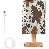 YYZZH Table Lamp Cow Skin Brown Cowhide Pattern Nightstand Lamp with Wood Base Fabric Lamp Shade Bedside Desk Lamp for Living Room Bedroom Kids Room Office