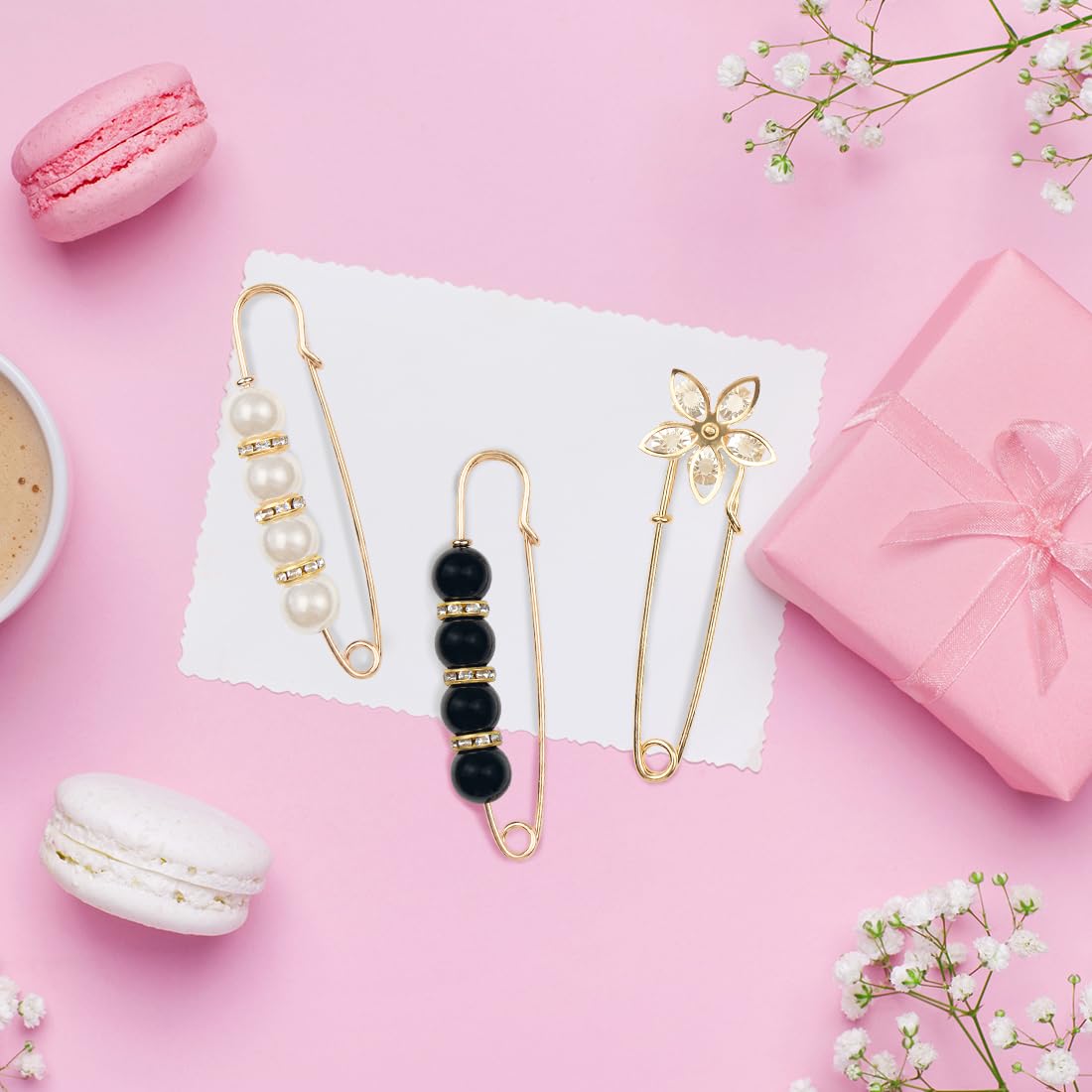 ELANE 8 Pcs Large Safety Pins for Clothes,Pearl Brooch Pins Pant Waist Tightener Fancy Safety Pins,Decorative Safety Pins for Clothing (8PCS)