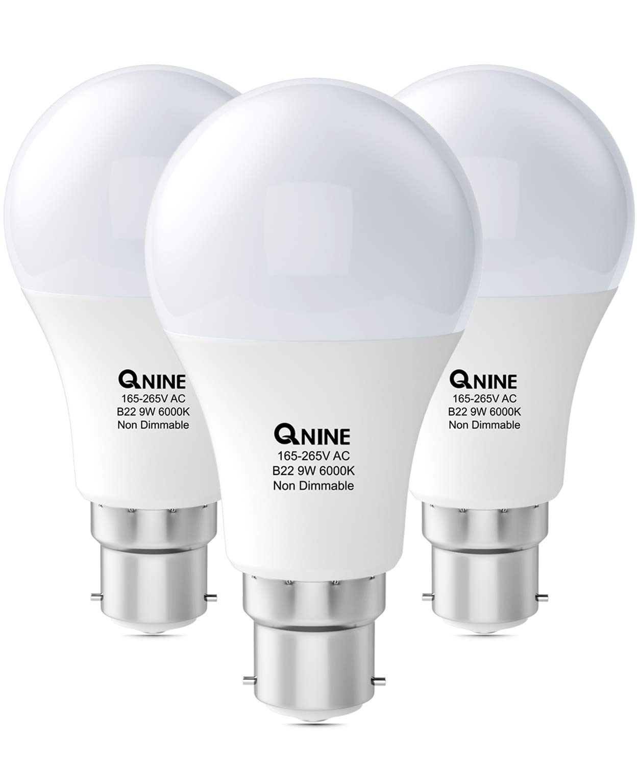 QNINE Cool White Bayonet Light Bulbs, 9W (60W Equivalent), 806lm, 6000K, B22 LED Bulb, Lightbulbs Bayonette Energy Saving, Non-Dimmable, Pack of 3