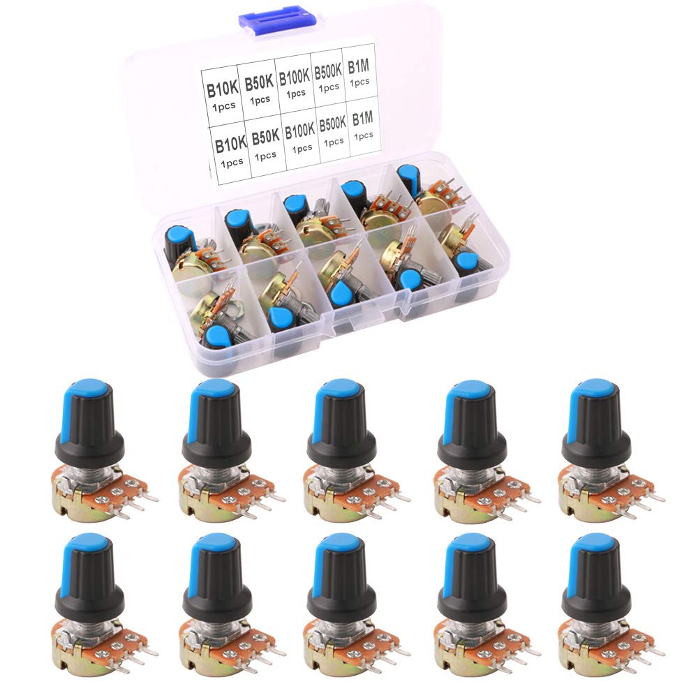 QitinDasen 10Pcs Premium Linear Rotary Taper Potentiometer, Adjustable 3 Terminal Rotary Potentiometer, with Knob Cap and Washer (5 Value: B10K, B50K, B100K, B500K, B1M Ohm)
